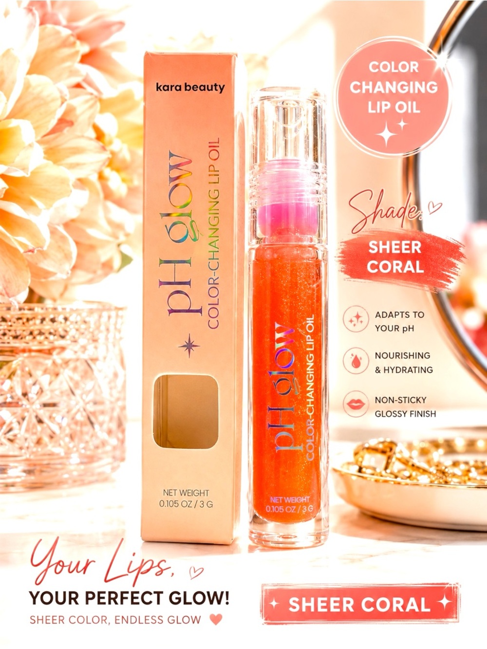 Kara Beauty pH Glow Sheer Coral Color Changing Lip Oil NIB NWT TRENDING